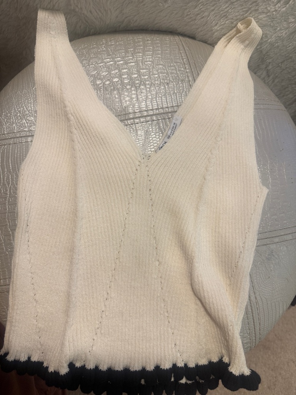 Zara Cream Ribbed V-Neck Knit Tank with Black Trim